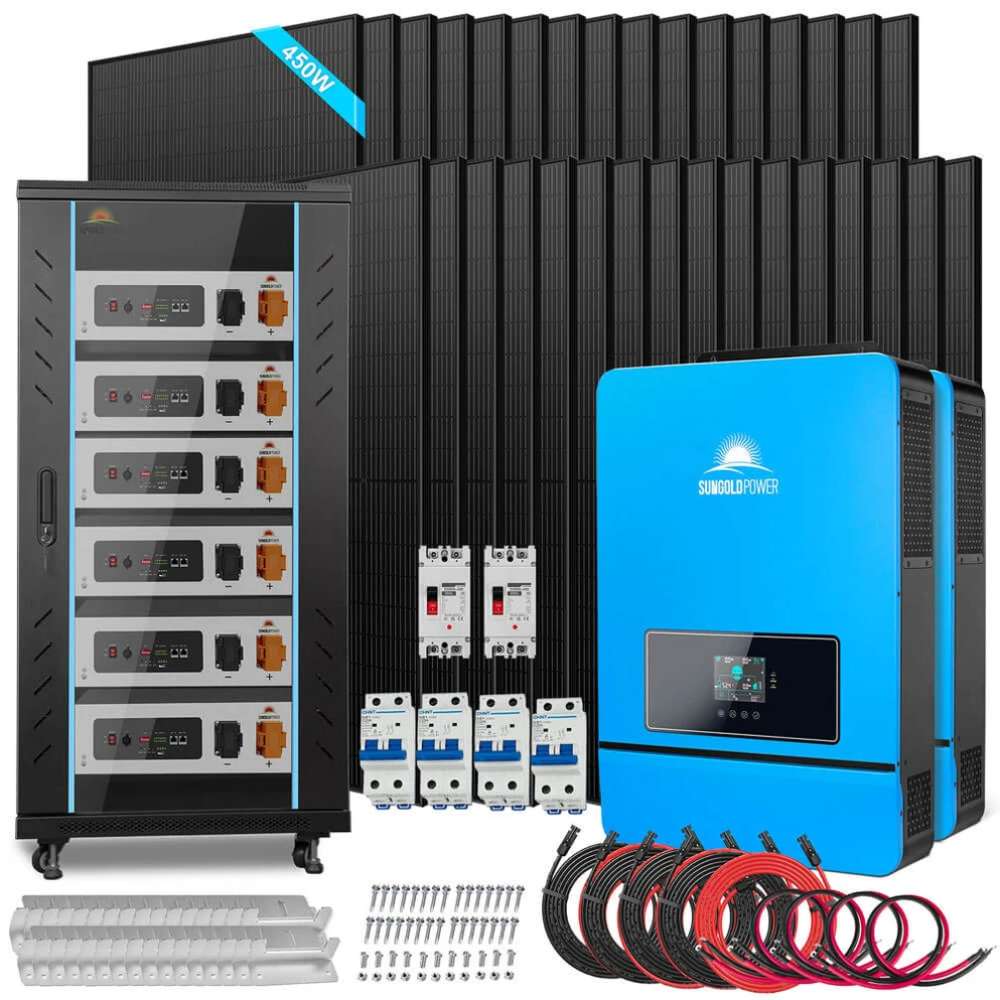 SGR-20K30T Sun Gold Power 20000W 48VDC 120V/240V LiFePO4 30.72KWH Lithium Battery Off-Grid Solar Kit with panels, batteries, inverters, and cables