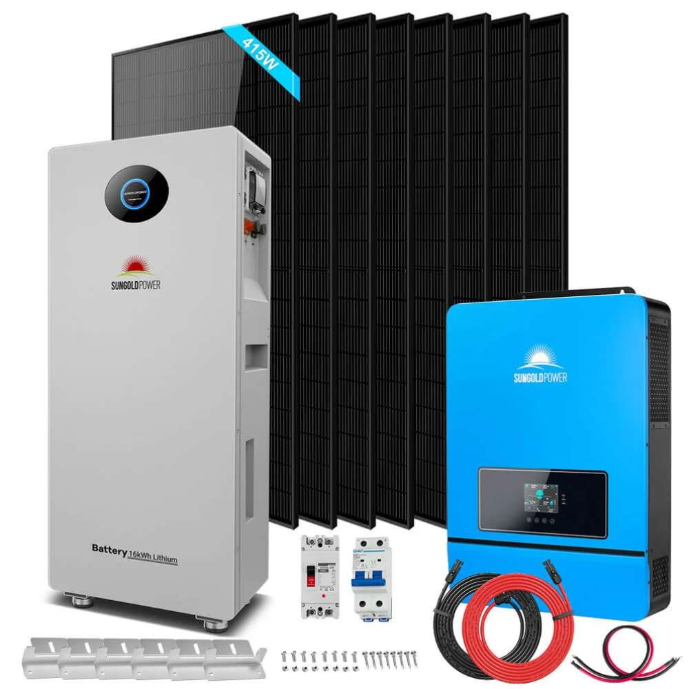SGR-8K16P Sun Gold Power 8000W 48VDC 120V/240V LiFePO4 Lithium Battery Solar Panel Off-Grid Solar Kit with eight 415W panels, 16kWh battery, blue inverter, breakers, and cables