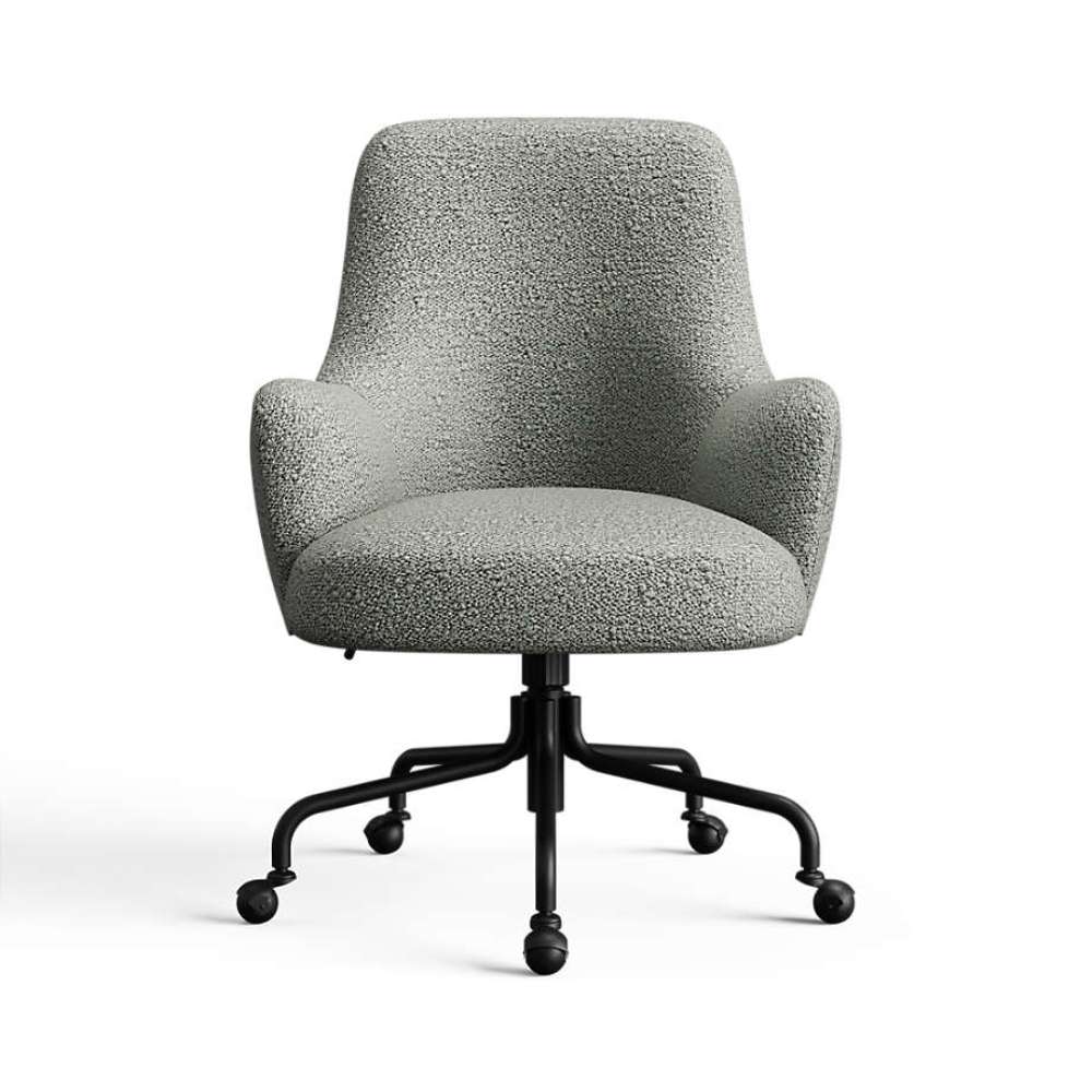 Sage Brera Textured Velvet Crate & Barrel Bellevue Upholstered Office Chair in sage textured fabric with curved arms and a black rolling base