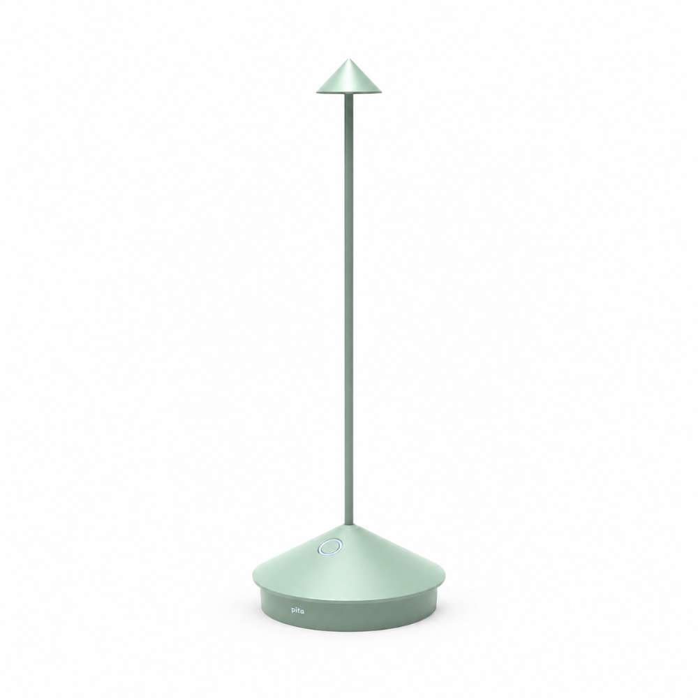 Sage Crate & Barrel Pina Pro Metal Table Lamp by Zafferano America features a slim green stem, cone-shaped shade, round base, and top control button