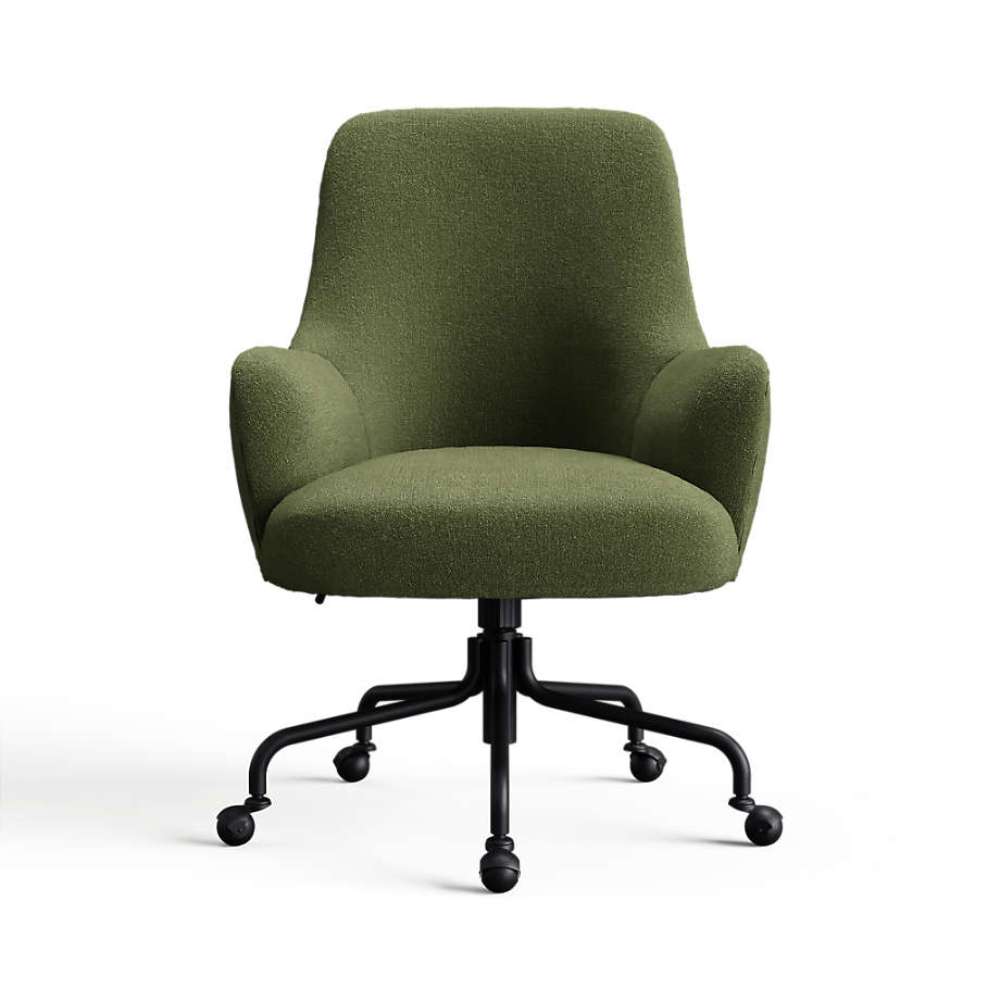 Sage Palisades Recycled Chenille Crate & Barrel Bellevue Upholstered Office Chair in sage green chenille with a cushioned seat and black caster base