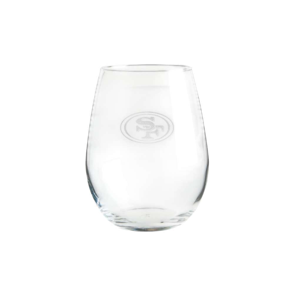 San Francisco 49ers Crate & Barrel NFL Aspen 11.75oz Stemless Wine Glass, Set of 4 featuring an etched oval “SF” logo on clear glass