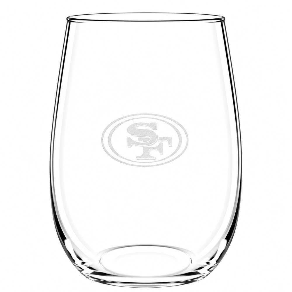 San Francisco 49ers Crate & Barrel NFL Aspen 17oz Stemless Wine Glass, Set of 4 features a clear stemless glass etched with the 49ers oval "SF" logo