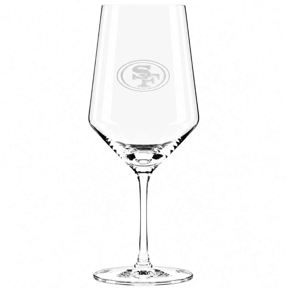 San Francisco 49ers Crate & Barrel NFL Tour 18oz Red Wine Glass, Set of 4 featuring the 49ers oval “SF” logo etched on a clear stemmed wine glass