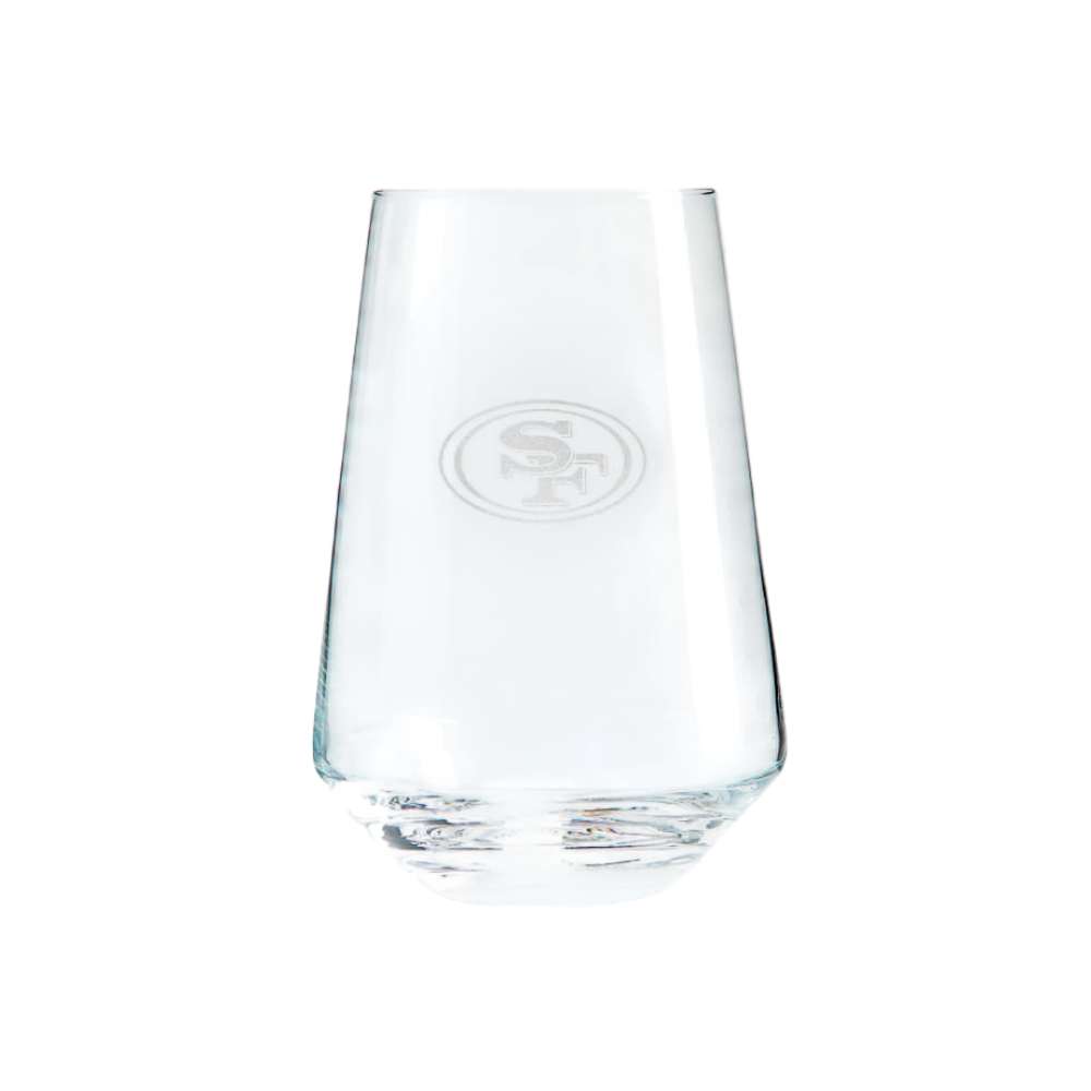 San Francisco 49ers Crate & Barrel NFL Tour 19oz Stemless Wine Glass, Set of 4 featuring the 49ers oval “SF” logo etched on clear glass