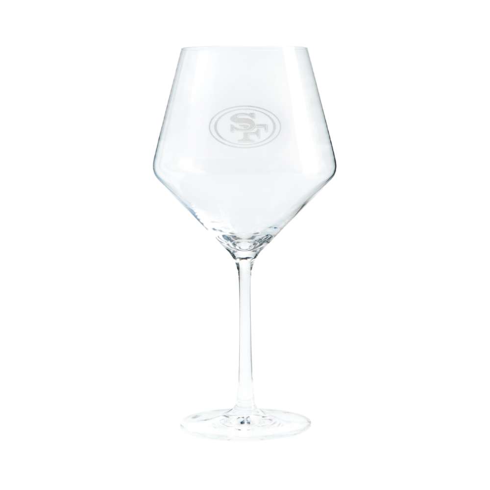 San Francisco 49ers Crate & Barrel NFL Tour 24oz Red Wine Glass, Set of 4 featuring the 49ers oval SF logo etched on a clear stemmed wine glass