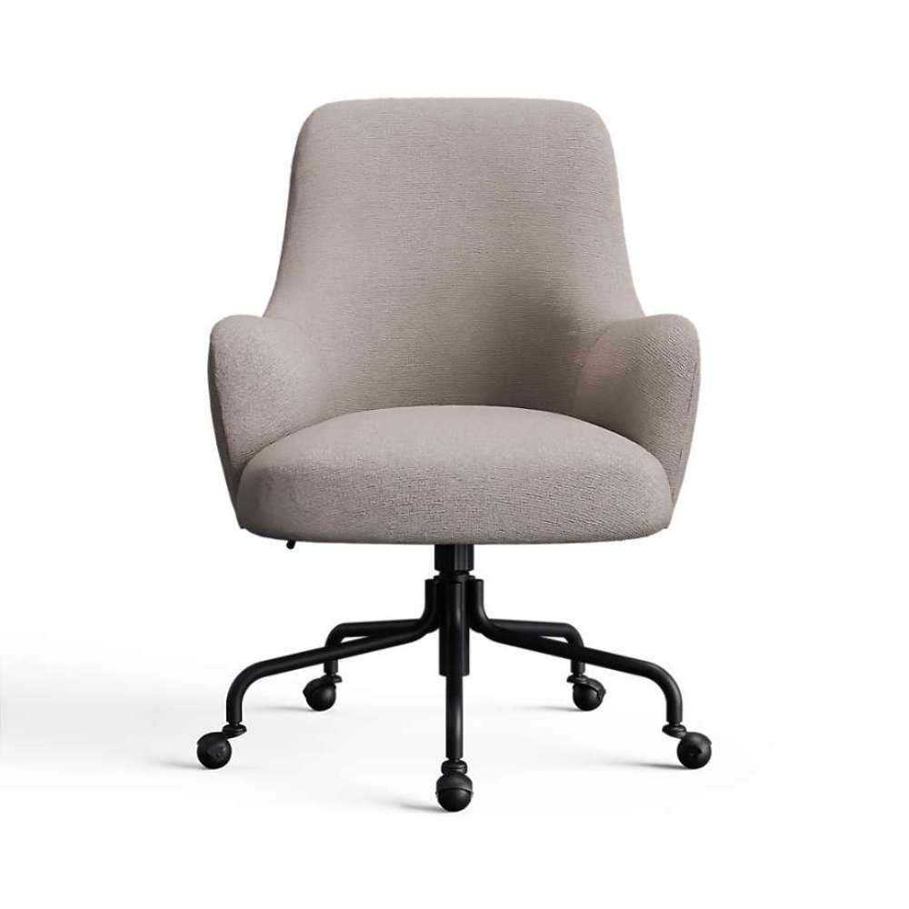Sand Icon Chenille Crate & Barrel Bellevue Upholstered Office Chair in sand beige chenille with padded arms and a black caster base