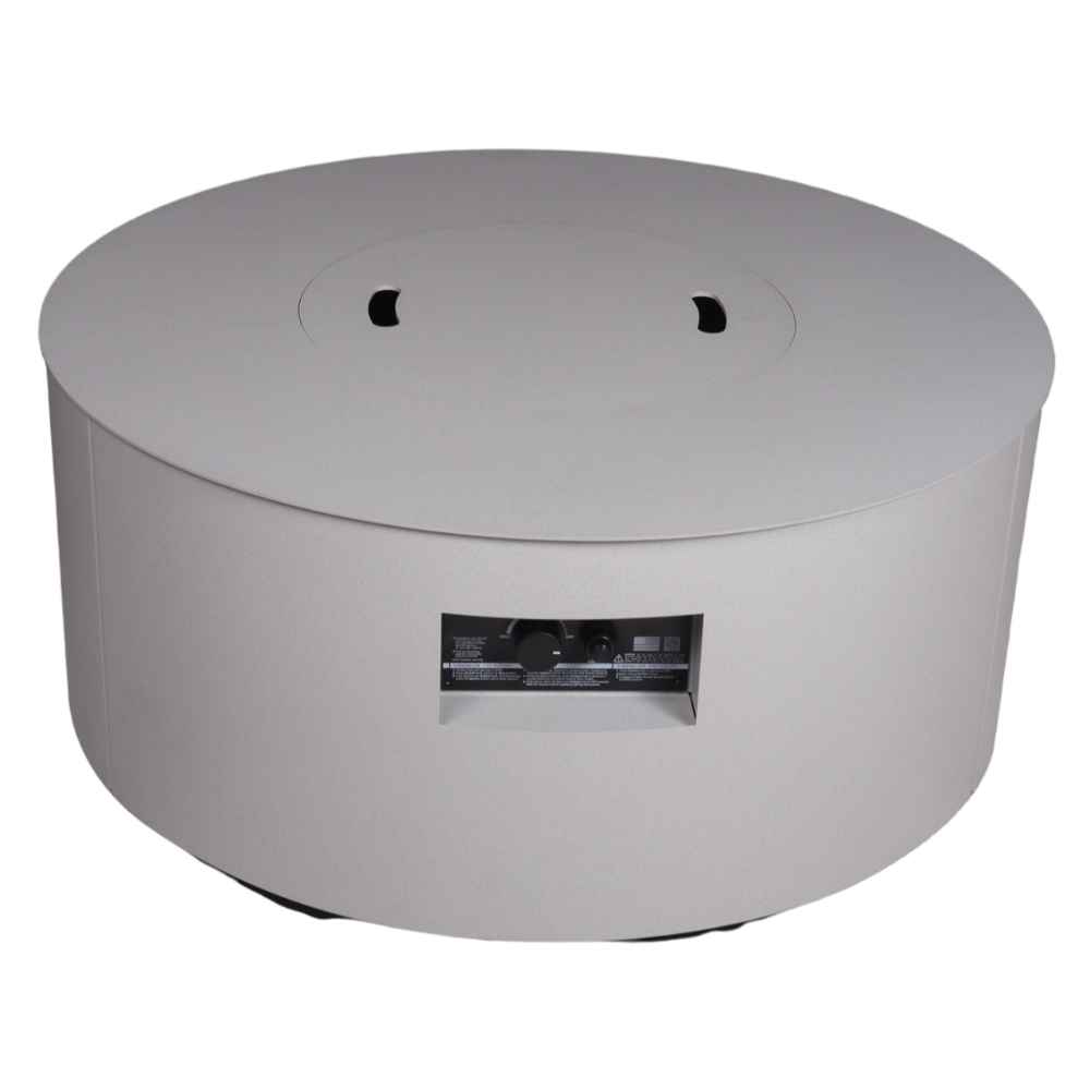 Sand Pebble Warming Trends AON Steel Circular Fire Pit Table in light gray shows a closed top and exposed control panel