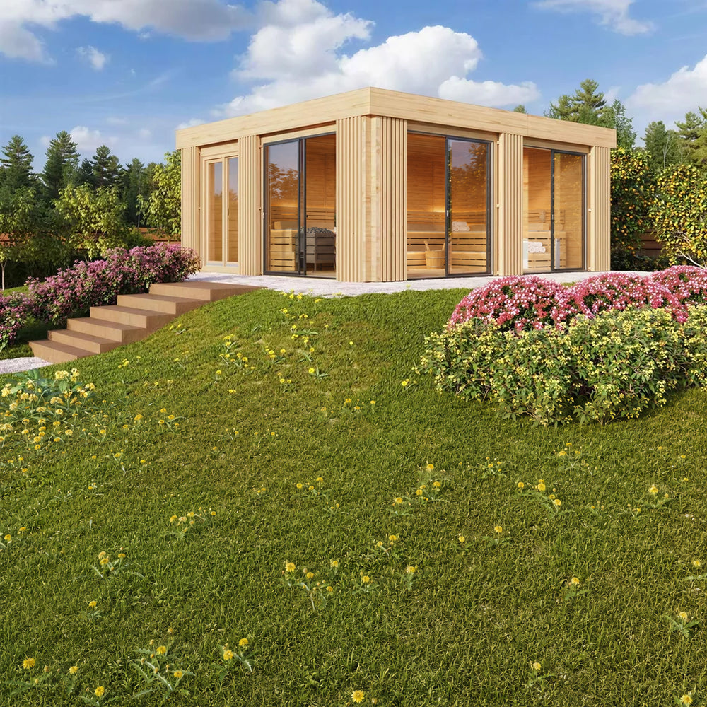 Set on a small hill with garden steps, the GardenHouse24 USA Sauna Dolce 70 Garden Room blends modern wood styling with nature-friendly landscaping