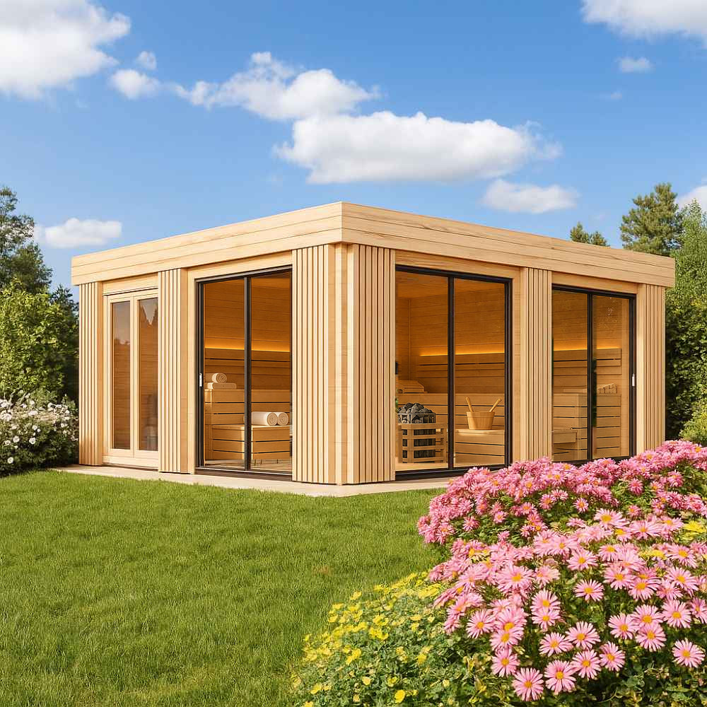 A stylish wooden cube-shaped GardenHouse24 USA Sauna Dolce 70 Garden Room with large glass sliding doors sits in a lush garden