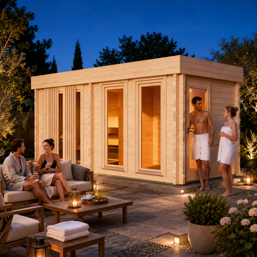 Sauna Giusto 70 glowing with warm interior lighting at night while four adults enjoy a premium outdoor wellness experience.