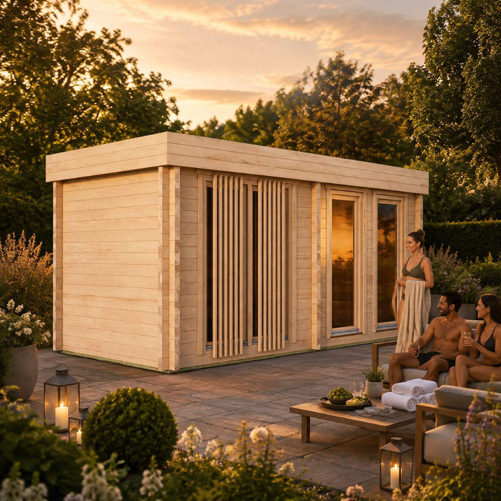 Sauna Giusto 70 illuminated by golden-hour sunlight as three adults enjoy a relaxing gathering in a luxury landscaped backyard.