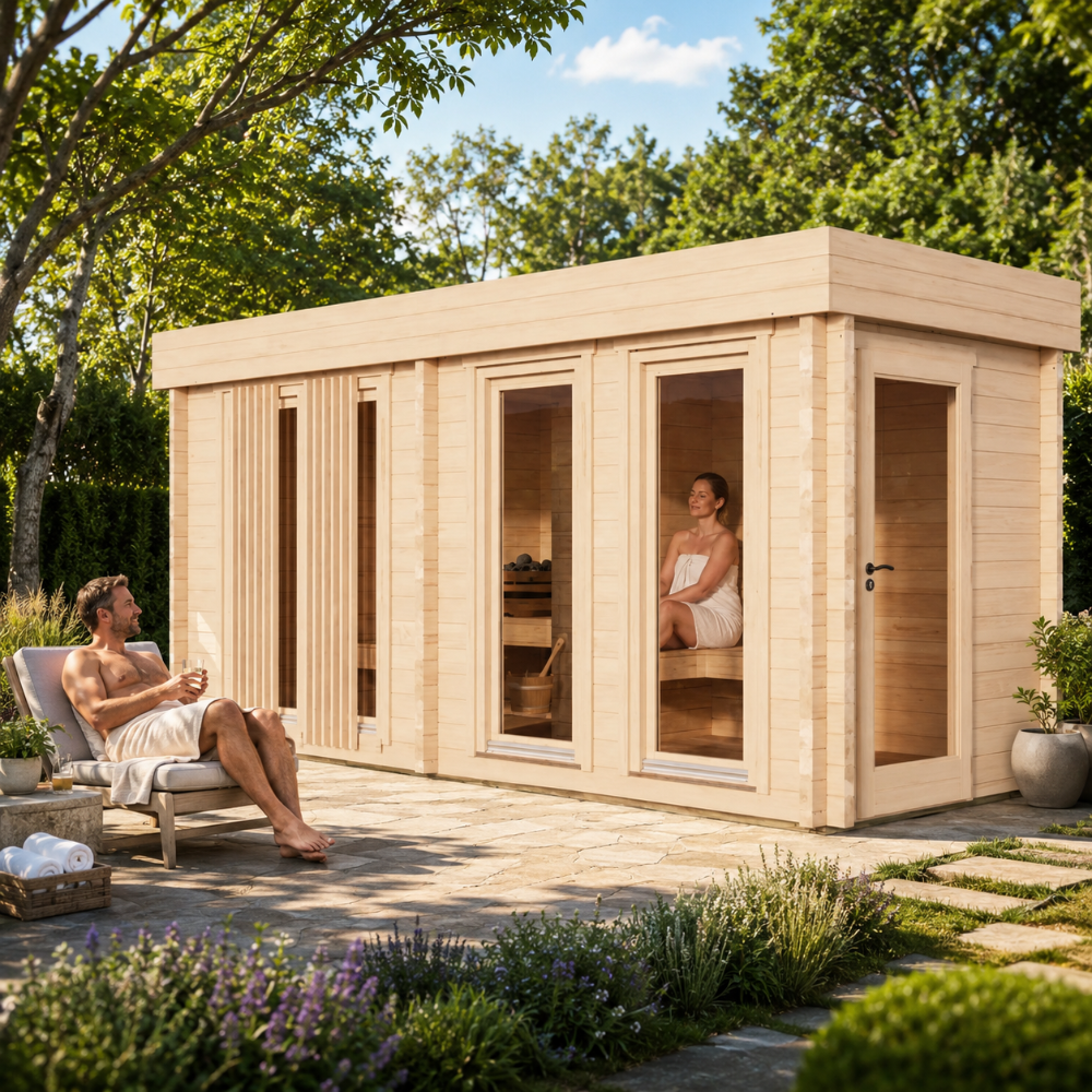 Sauna Giusto 70 in a sunny landscaped backyard with two adults relaxing inside and outside the sauna.