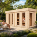 Sauna Giusto 70 in a sunny landscaped backyard with two adults relaxing inside and outside the sauna.