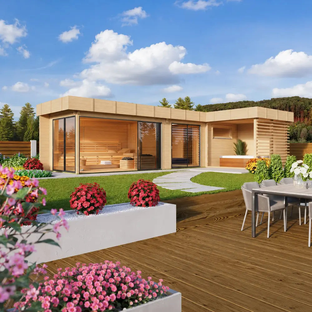 A colorful garden scene with vibrant flowers surrounds the sleek, modern GardenHouse24 USA Sauna Quieto 70 Garden Room
