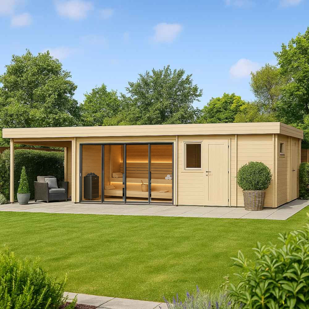 A modern wood-paneled GardenHouse24 USA Sauna St.Moritz 70 Garden Room with a covered patio, glass doors, and lush green surroundings