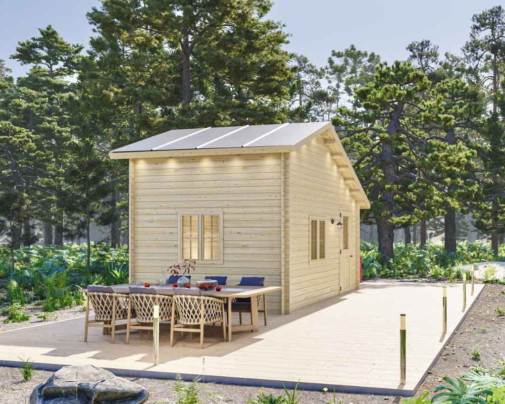 Sawmill Structures BlueWater Bungalow 160 Garden Room is shown with a large deck and elegant outdoor dining furniture under the trees