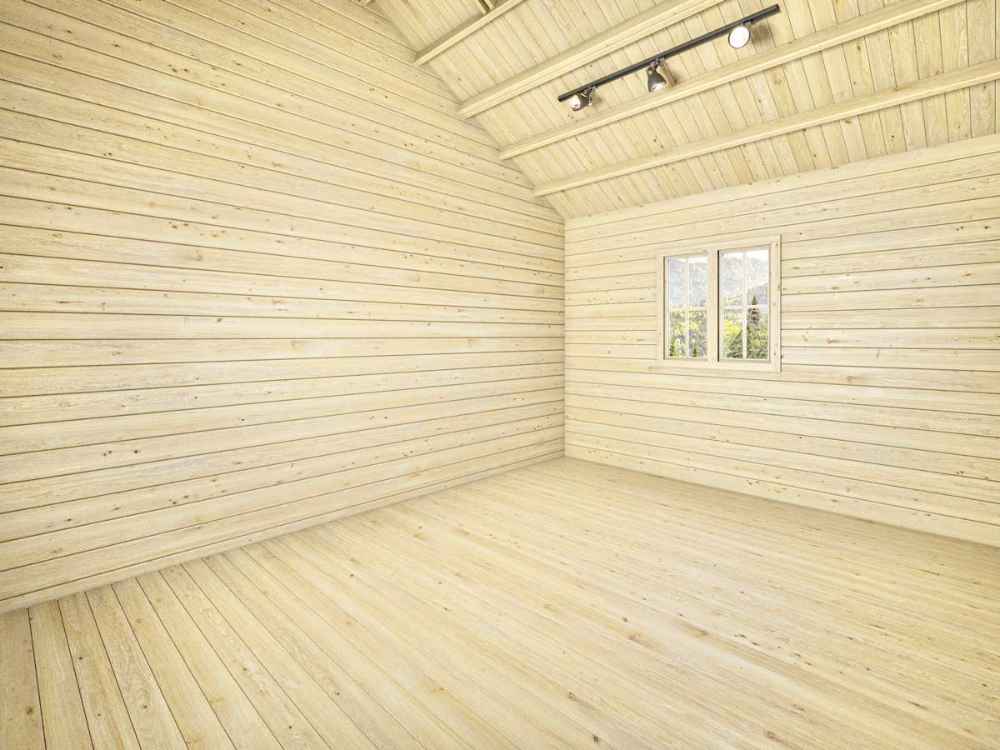Sawmill Structures BlueWater Bungalow 160 Garden Room offers an open-plan layout with natural wood walls and high vaulted ceilings