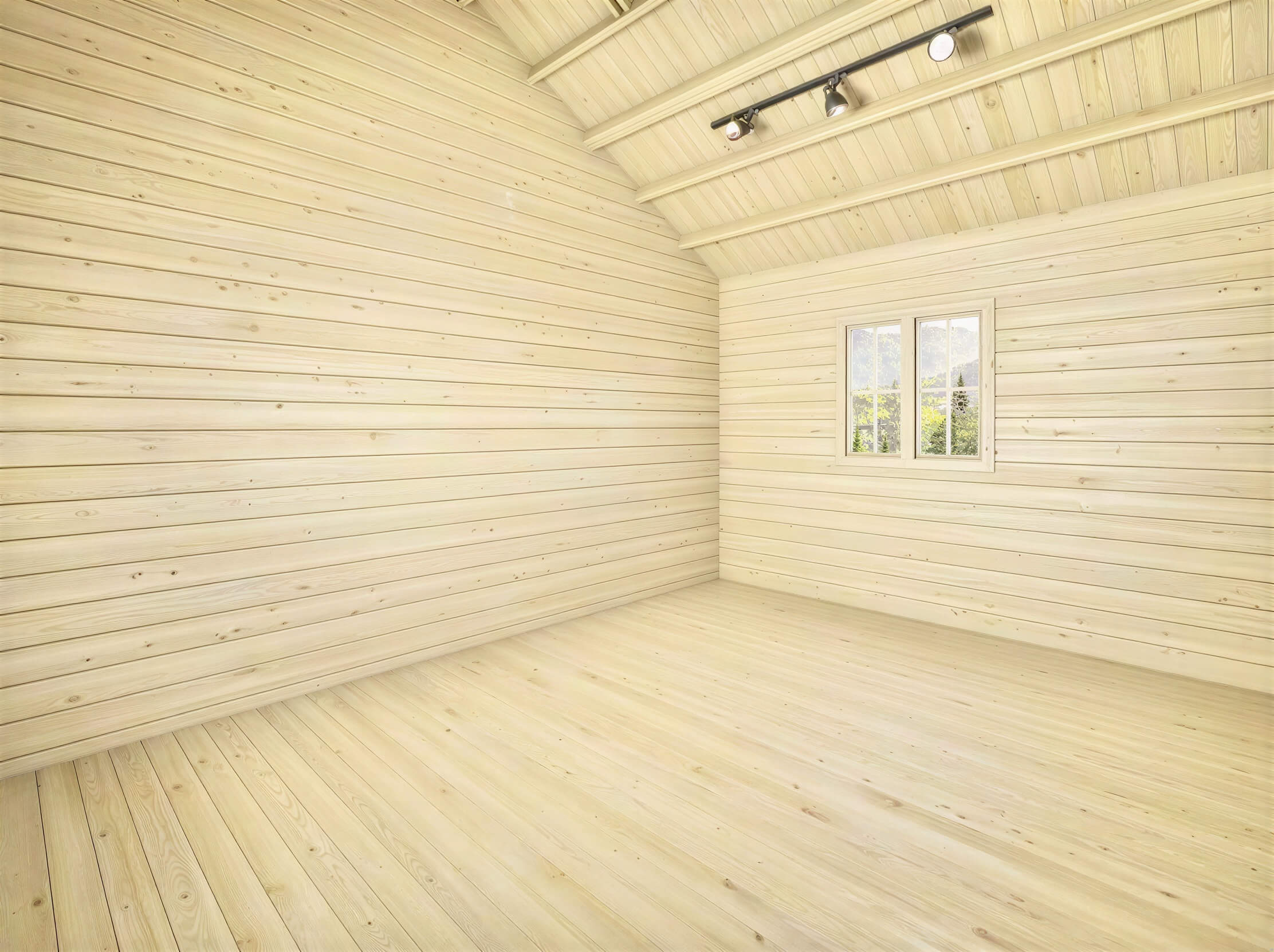 Sawmill Structures BlueWater Bungalow 160 Garden Room offers an open-plan layout with natural wood walls and high vaulted ceilings