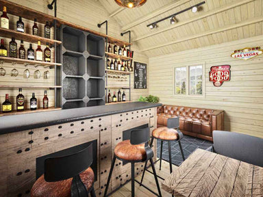 Sawmill Structures BlueWater Bungalow 160 Garden Room showcases a rustic bar counter, leather couch, and open shelving stocked with liquor bottles