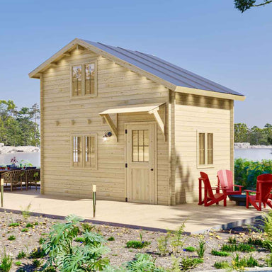 Sawmill Structures BlueWater Loft 160 70mm Garden Room features a front porch with red chairs and a scenic lake backdrop