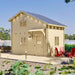 Sawmill Structures BlueWater Loft 160 70mm Garden Room features a front porch with red chairs and a scenic lake backdrop
