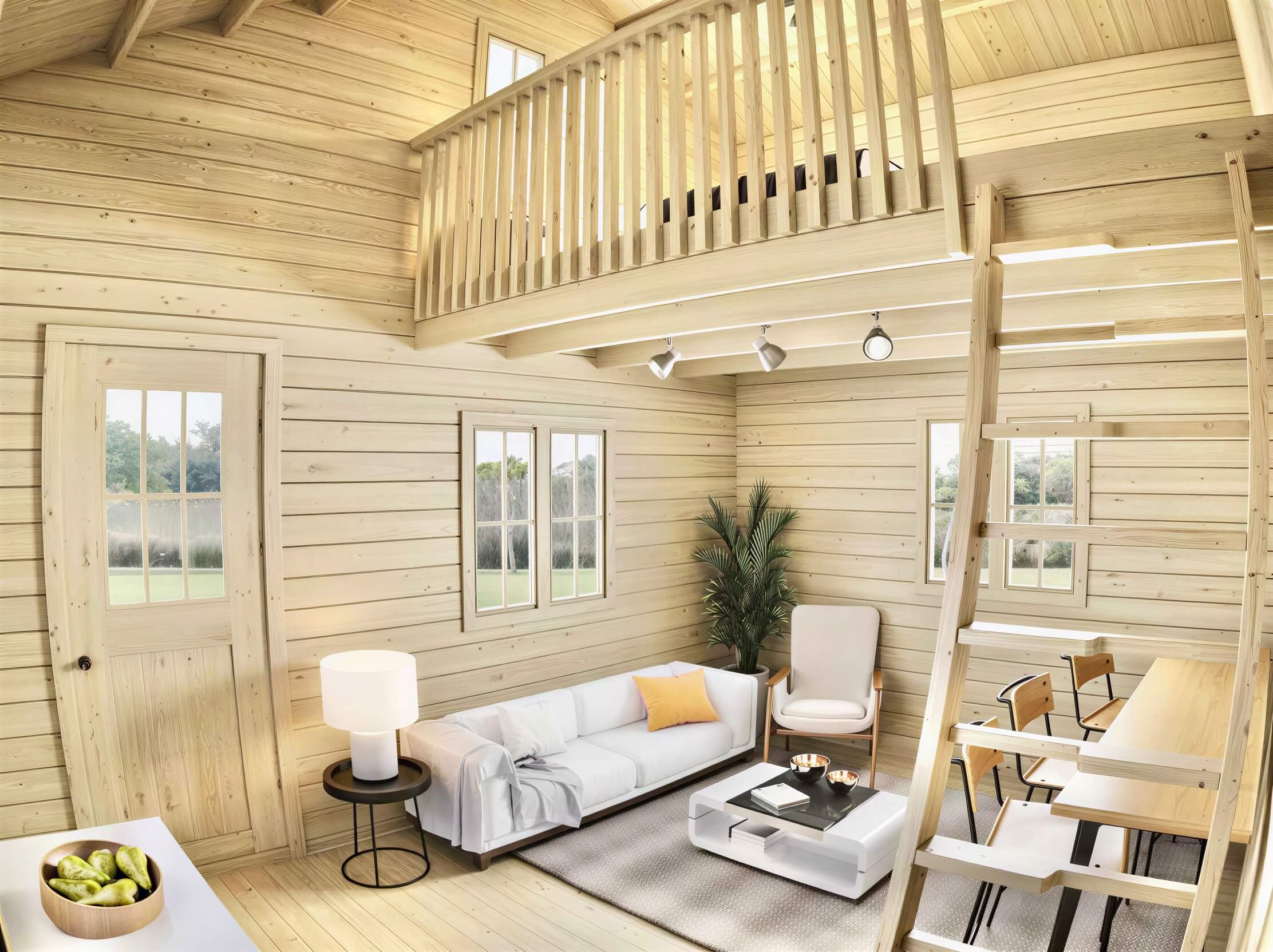 Sawmill Structures BlueWater Loft 160 70mm Garden Room shows its bright and airy living area with a loft above, ladder access, and natural wood interiors
