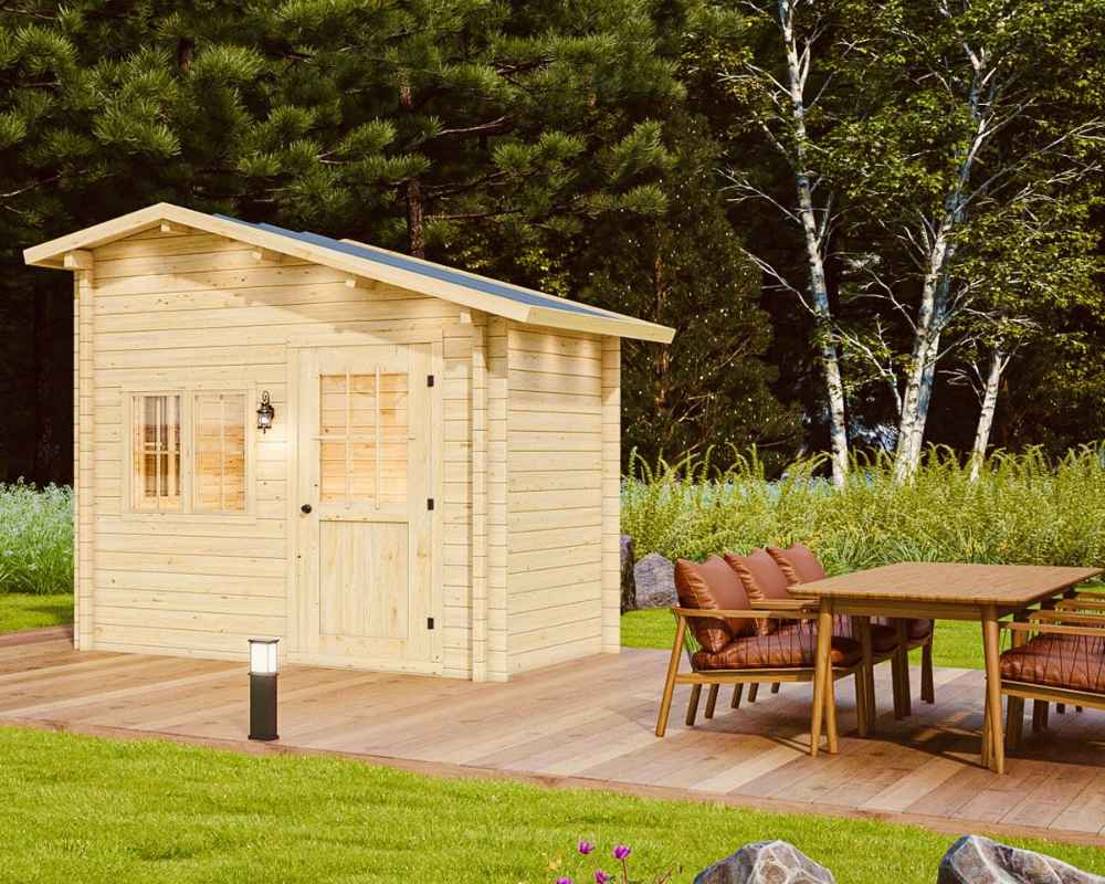 Sawmill Structures Bluewater Den 67 Garden Room angled to the side with a clear view of its door, windows, and wooden deck next to cushioned chairs