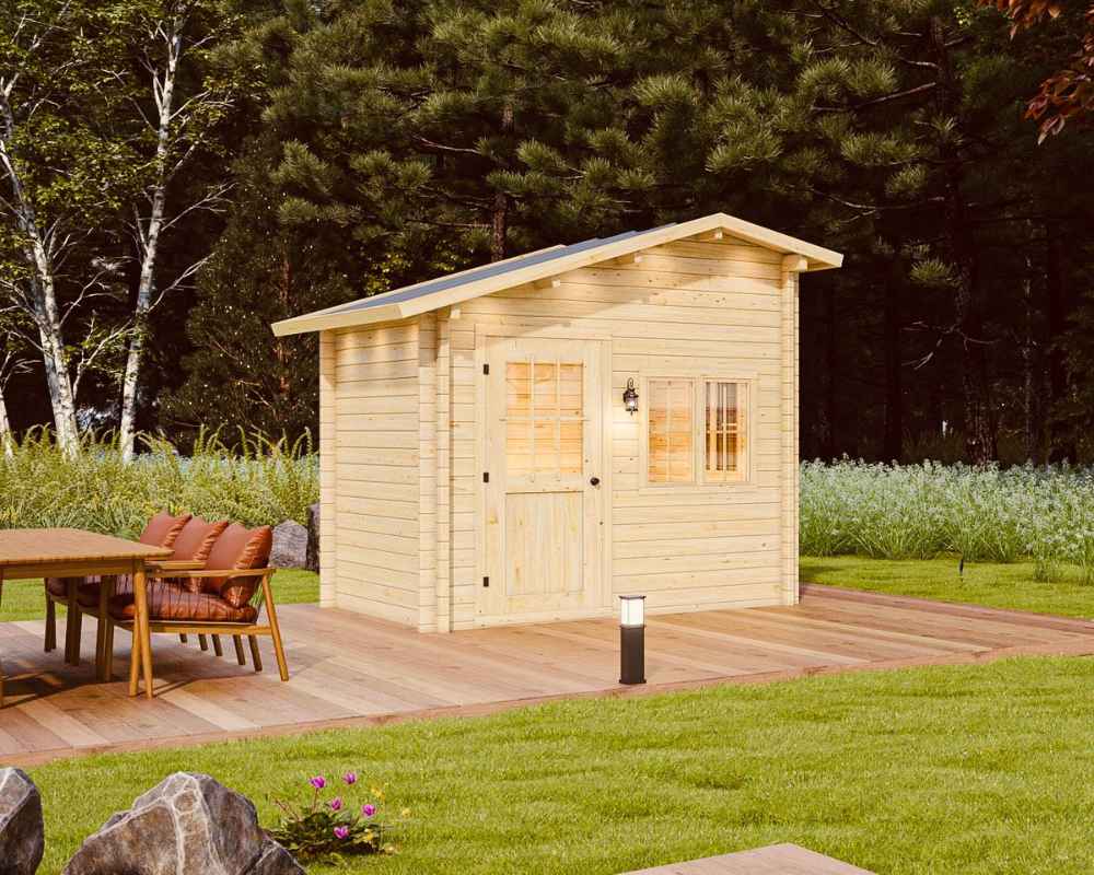 Sawmill Structures Bluewater Den 67 Garden Room at dusk with warm lights glowing inside