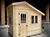 Sawmill Structures Bluewater Den 67 Garden Room from a slightly angled front view, highlighting its clean wooden exterior and framed windows
