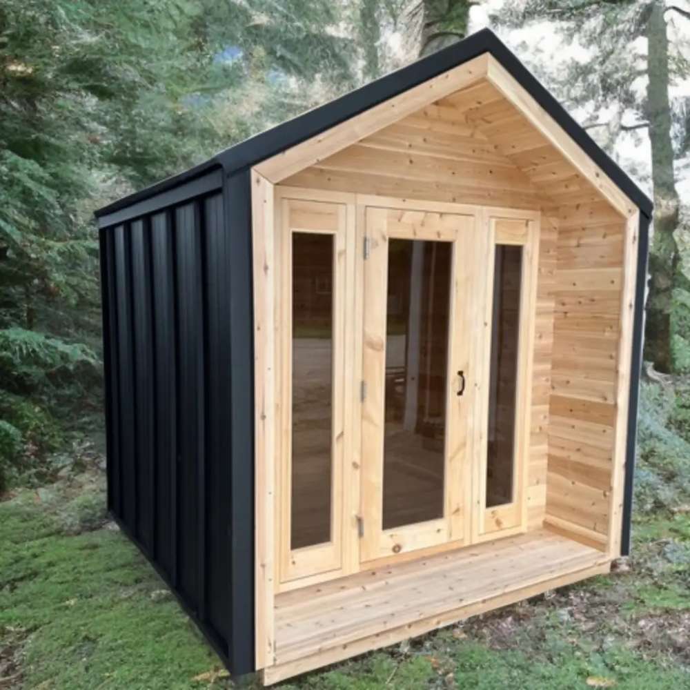 Sawmill Structures CabinSauna set in a green forest area, combining rustic wood with sleek black metal