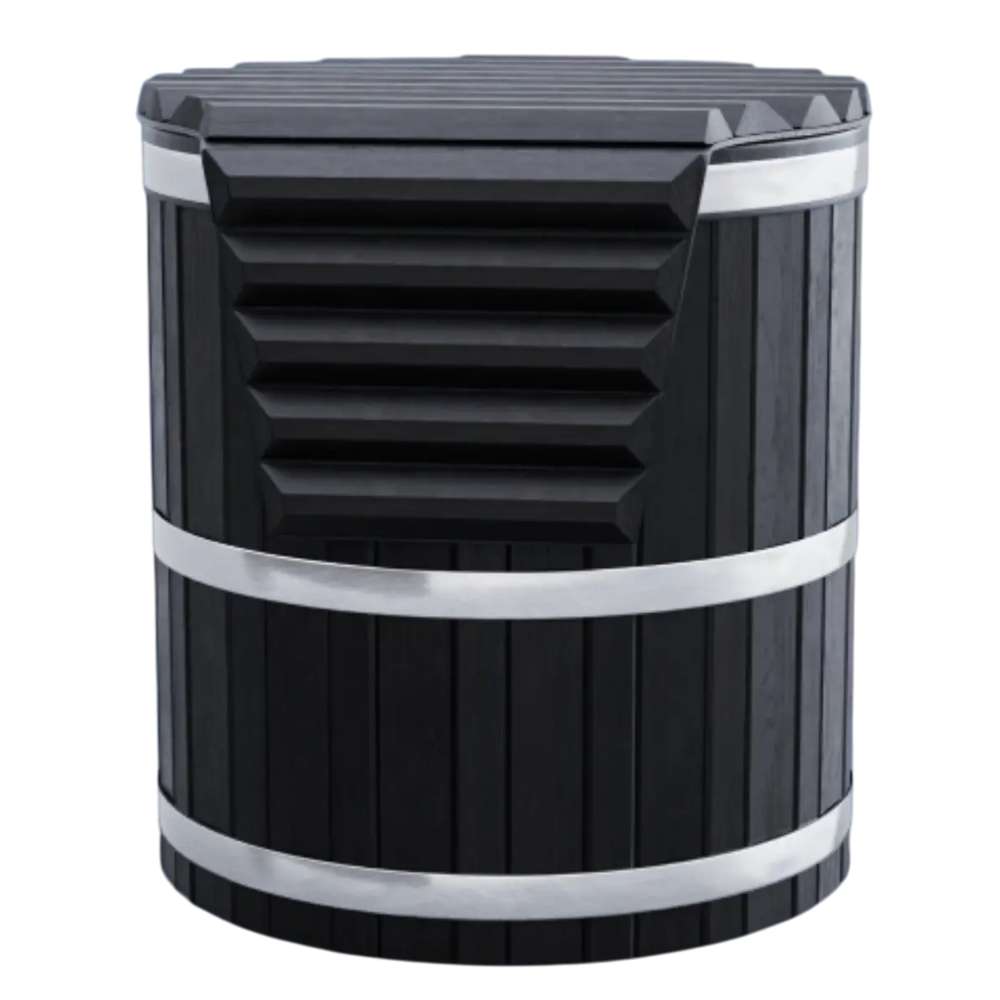 Sawmill Structures Chiller Plunge is shown with a ridged black cover and sleek metal bands