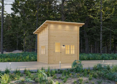 Sawmill Structures Cube Loft 100 Garden Room sits on a clear pathway with visible modern lighting and forest surroundings