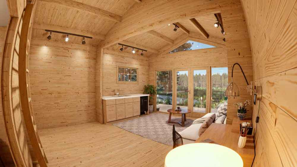 Sawmill Structures Edwin Lake House PLUS 70MM Garden Room showcases a warm, open interior with a kitchenette, natural wood finishes, and a full view of the deck