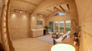 Sawmill Structures Edwin Lake House PLUS 70MM Garden Room showcases a warm, open interior with a kitchenette, natural wood finishes, and a full view of the deck