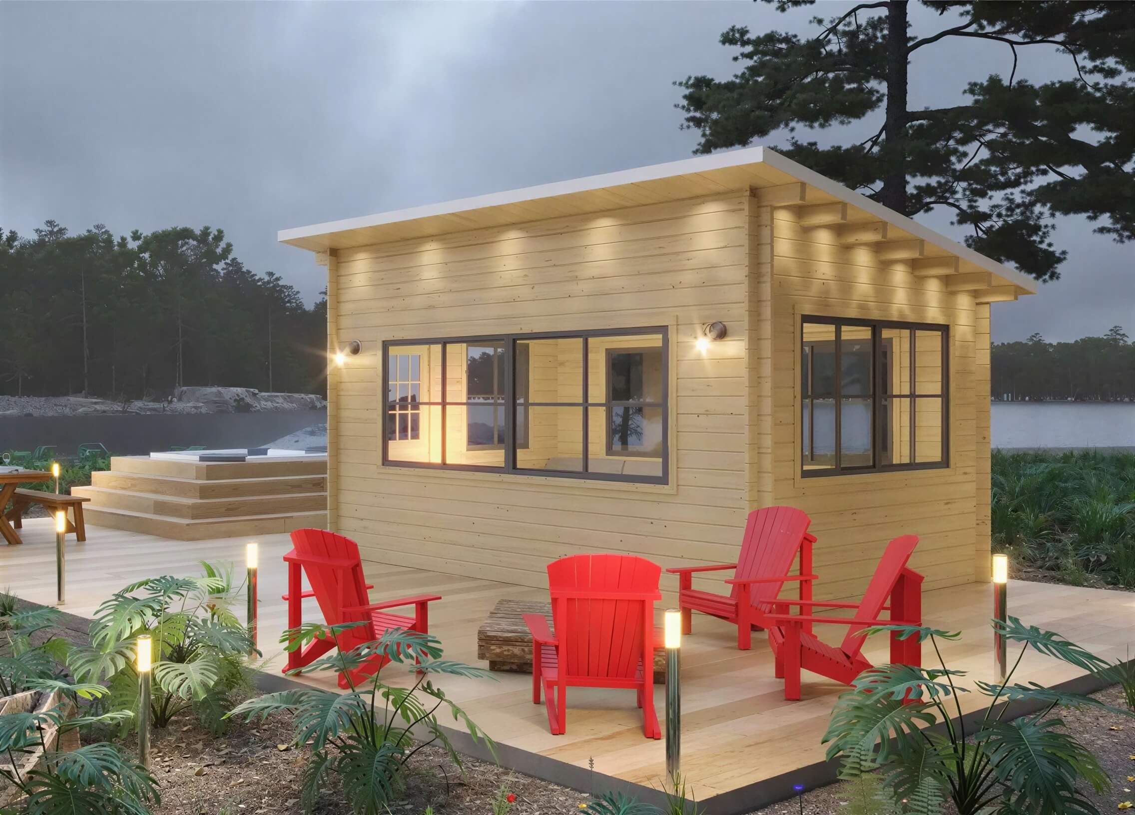 Sawmill Structures Eze Breeze Sunroom Cabin lit up at dusk surrounded by red Adirondack chairs on a spacious wooden deck