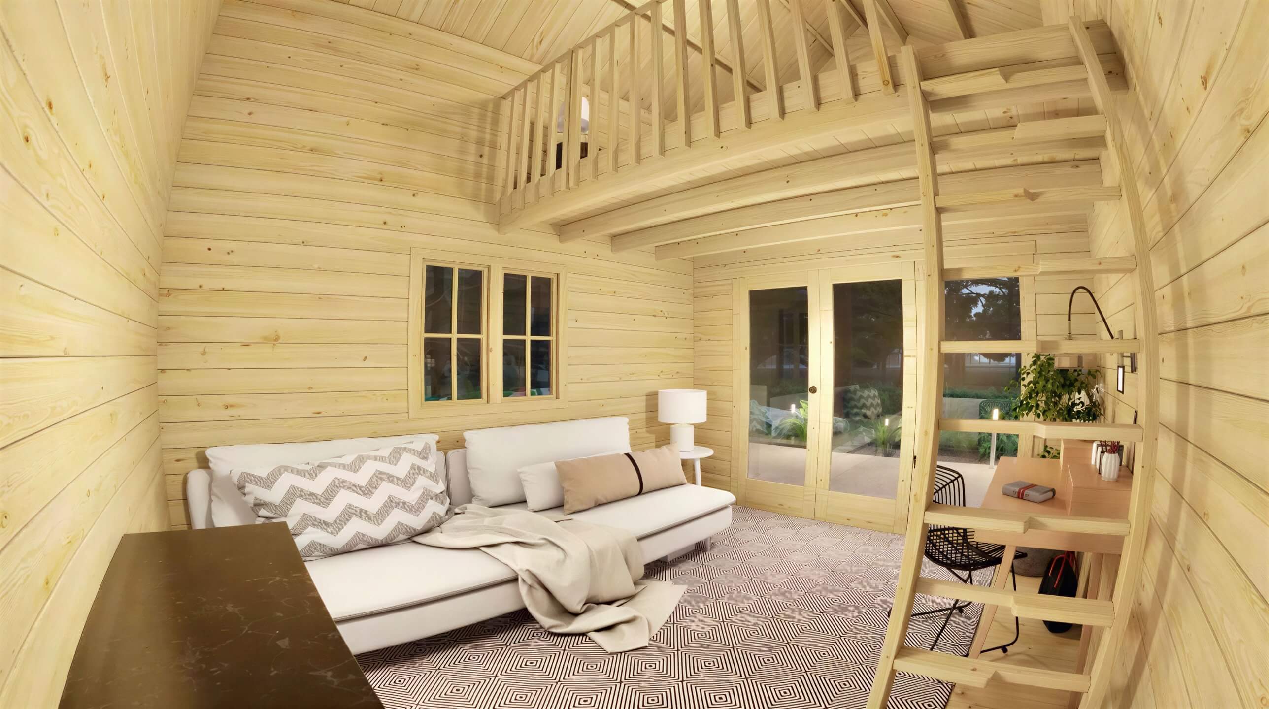 Sawmill Structures GrandView 150 70MM Garden Room includes a white couch, writing desk, and a loft space with a wooden ladder