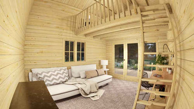 Sawmill Structures GrandView 150 70MM Garden Room includes a white couch, writing desk, and a loft space with a wooden ladder