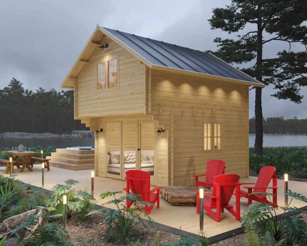 Sawmill Structures GrandView 150 70MM Garden Room is shown from an angle, with a metal roof, red chairs around a firepit, and a lake in the background