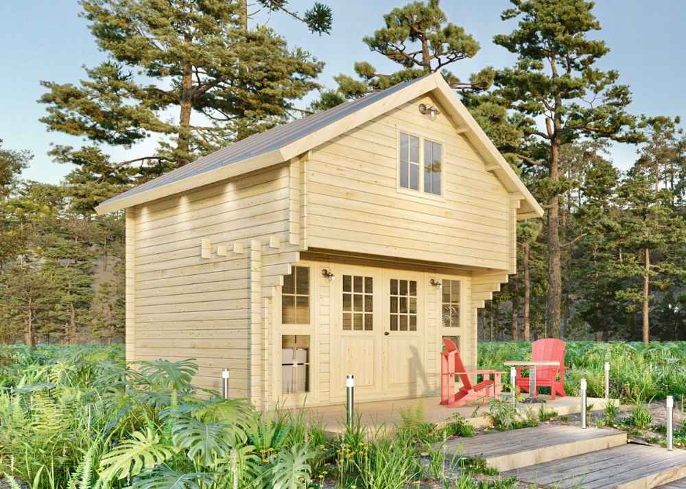 Sawmill Structures Grand Loft 107 Deluxe DD Garden Room highlights the symmetrical front with two bright red Adirondack chairs on the porch
