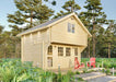 Sawmill Structures Grand Loft 107 Deluxe DD Garden Room highlights the symmetrical front with two bright red Adirondack chairs on the porch