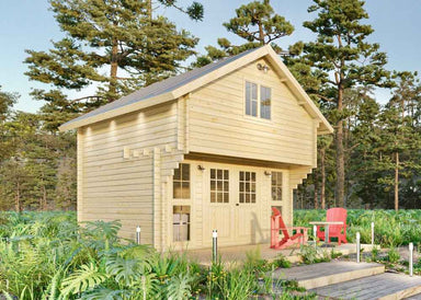 Sawmill Structures Grand Loft 107 Deluxe DD Garden Room highlights the symmetrical front with two bright red Adirondack chairs on the porch