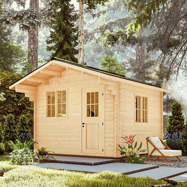 Sawmill Structures Harvest Grand Bungalow 107 Garden Room, highlighting its compact log cabin design nestled in a forest setting