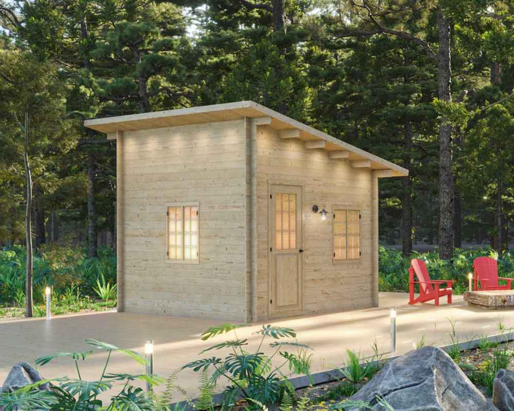 Sawmill Structures Multi Cube Versa 100 Garden Room shows its charming front door and two lit windows