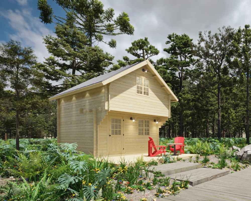 Sawmill Structures Ontario Grand Loft 107 SD Garden Room stands in a forest clearing with red chairs on its patio and tall trees in the background