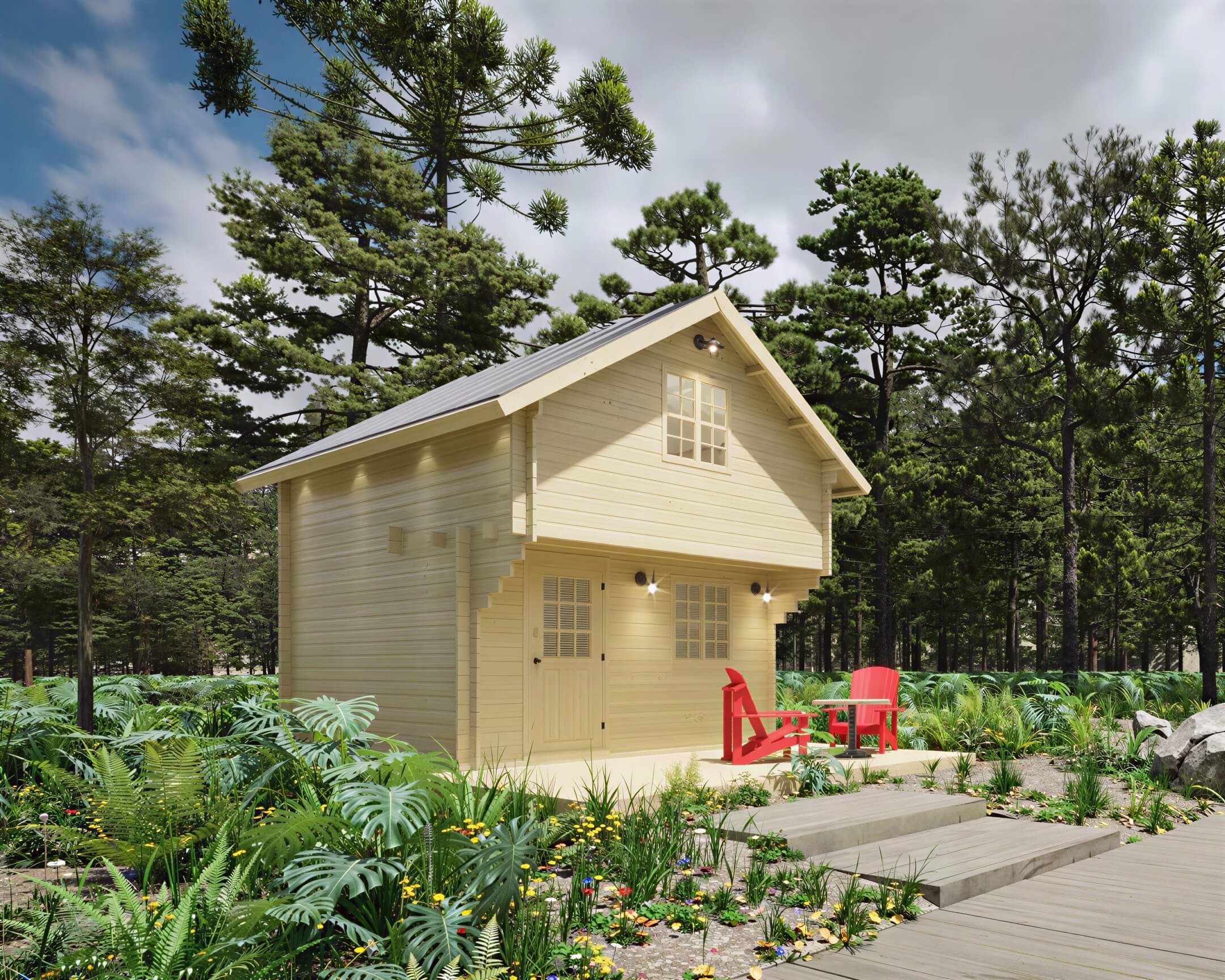 Sawmill Structures Ontario Grand Loft 107 SD Garden Room stands in a forest clearing with red chairs on its patio and tall trees in the background