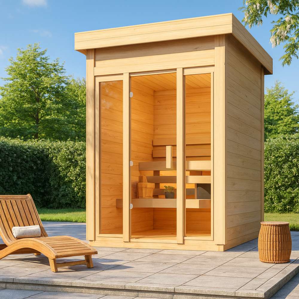 Sawmill Structures TS TwoSauna Sauna features a compact, light-toned wood structure with large glass panels