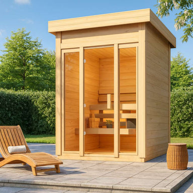 Sawmill Structures TS TwoSauna Sauna features a compact, light-toned wood structure with large glass panels