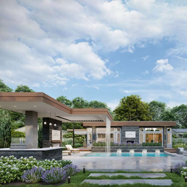 Sawmill Structures The Algonquin Garden Suites displays a full view of a luxury garden suite with a pool, pergola, landscaped paths, and stone architecture