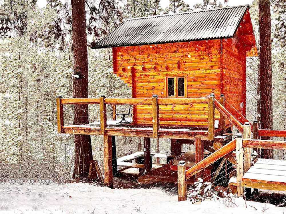 Sawmill Structures The Jumbo Grand Loft 130 SD Garden Room sits elevated on a snowy forest deck, its warm wooden exterior glowing against the winter landscape